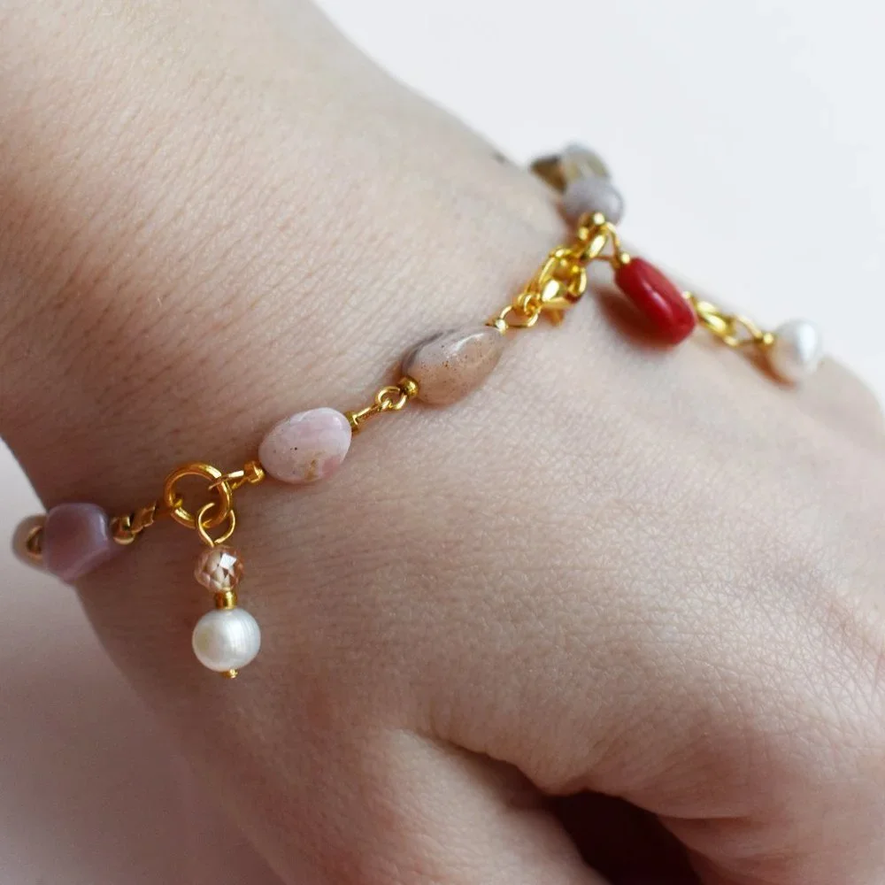 Mismatched beaded bracelet, red coral and pearl bracelet handmade